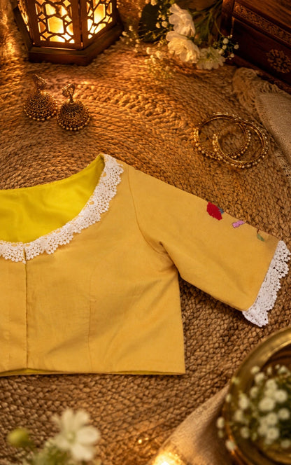 Mustard Yellow Pure Cotton Thread Work Blouse with White Lace V-Neck
