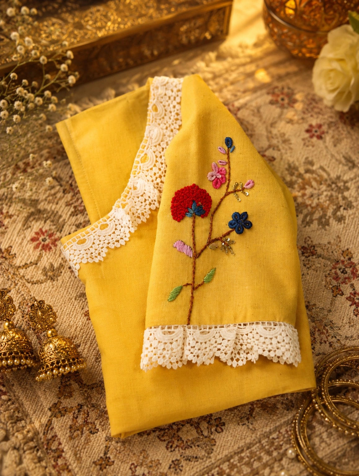 Mustard Yellow Pure Cotton Thread Work Blouse with White Lace V-Neck