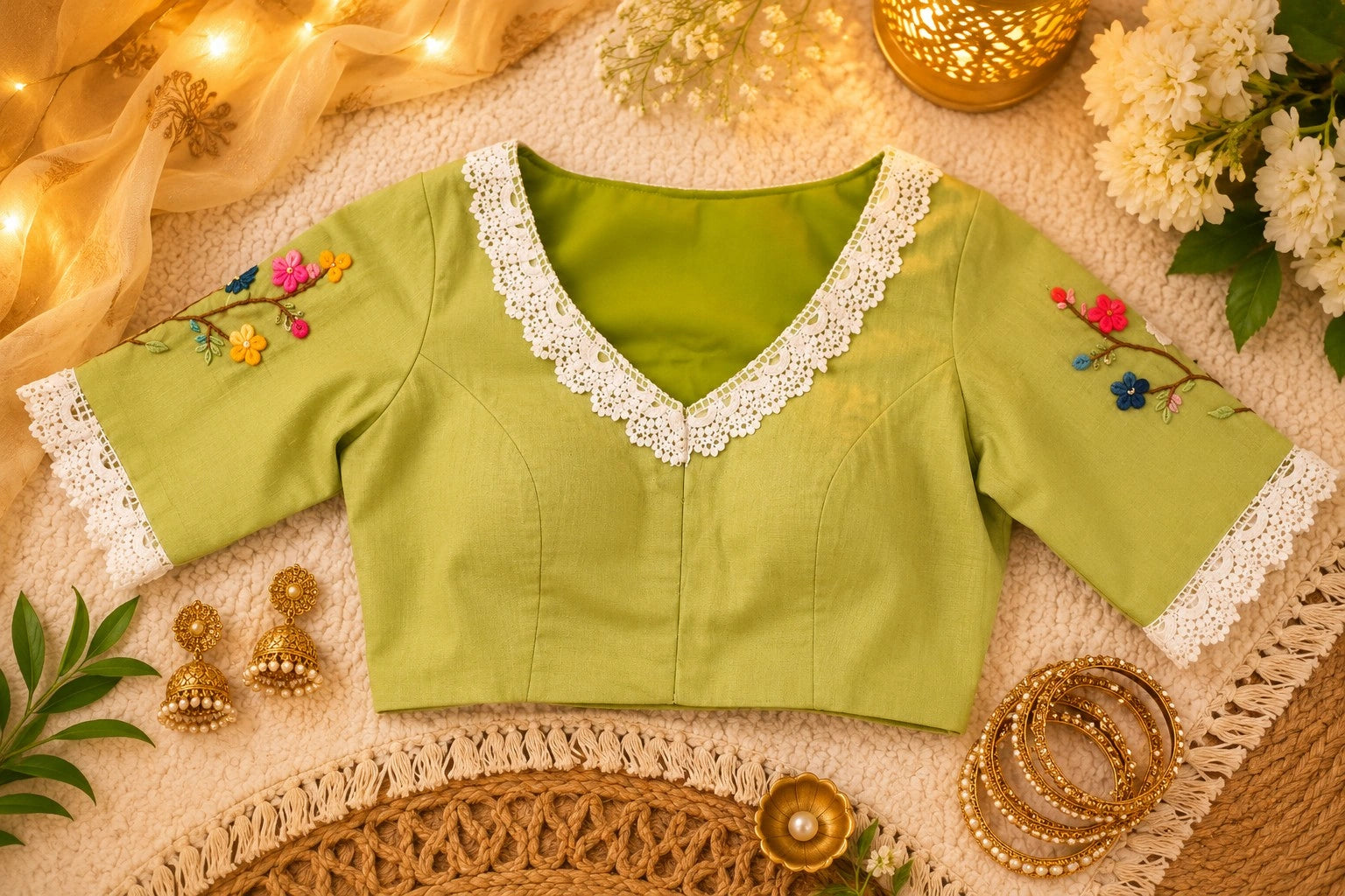Pure Cotton Olive Green Thread Work Blouse for Women