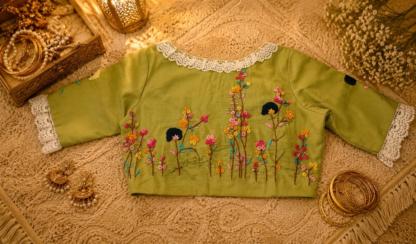 Pure Cotton Olive Green Thread Work Blouse for Women