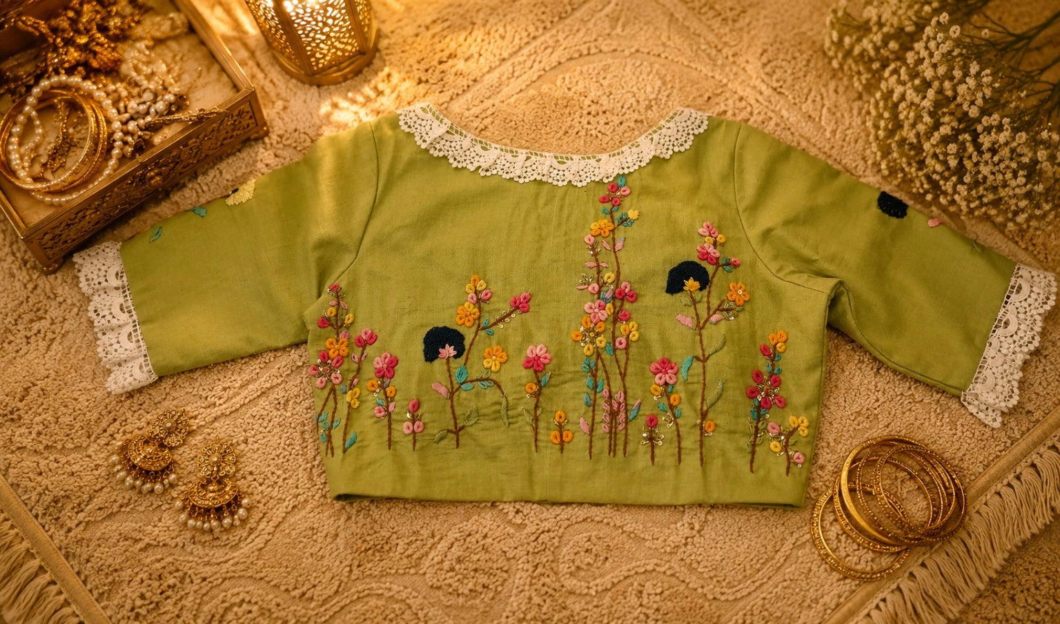 Pure Cotton Olive Green Thread Work Blouse for Women