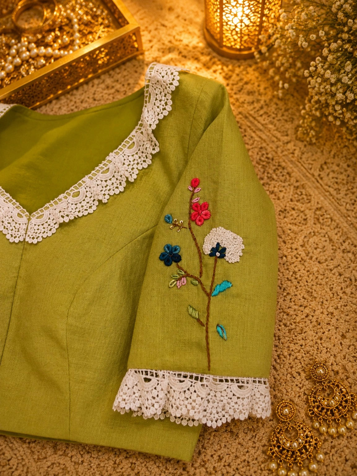 Pure Cotton Olive Green Thread Work Blouse for Women