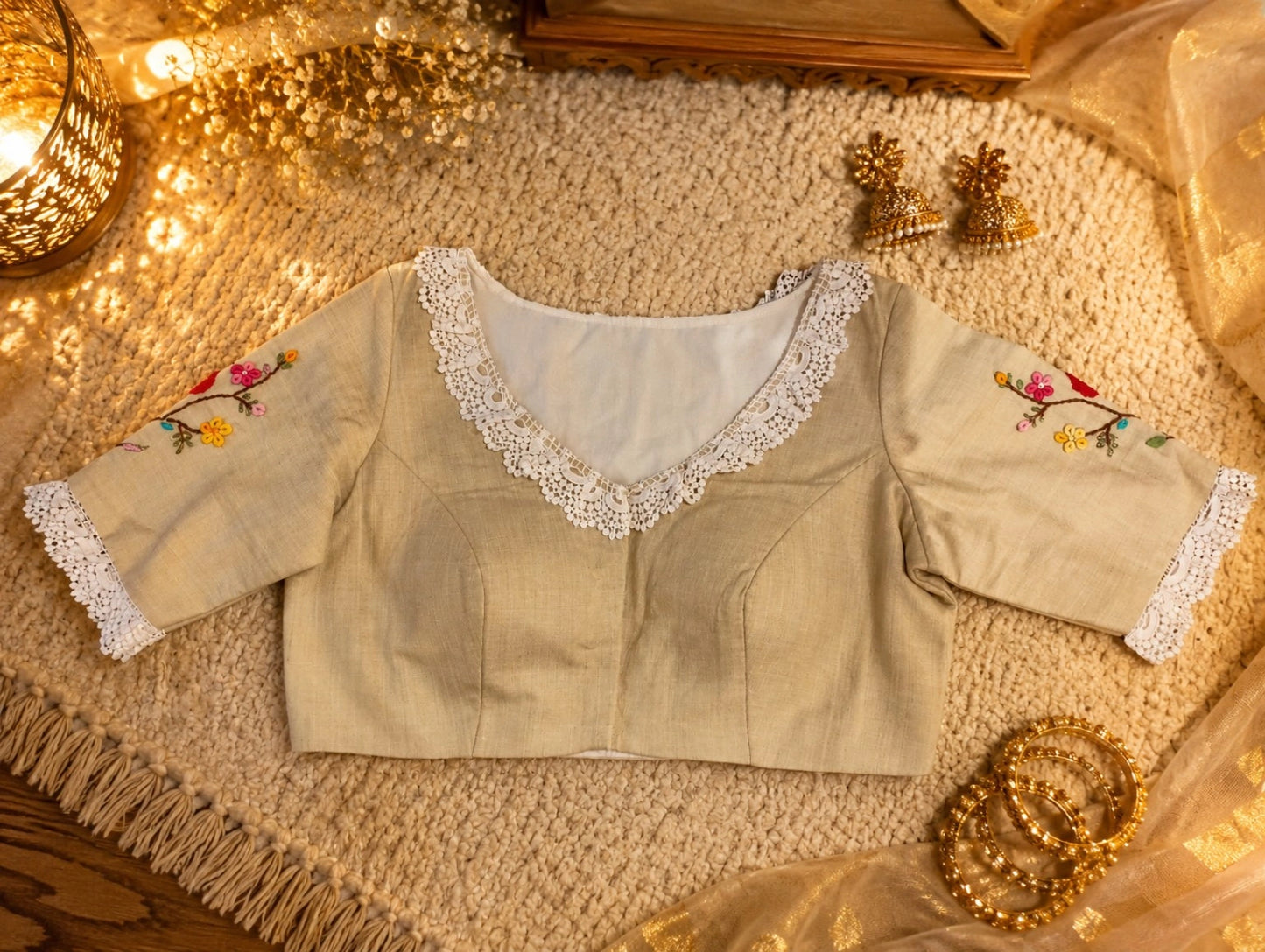 Pure Cotton Beige Floral Thread Work Blouse for Women