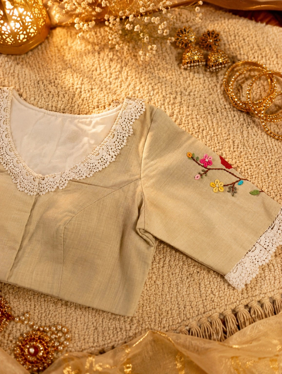 Pure Cotton Beige Floral Thread Work Blouse for Women