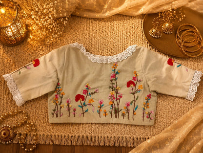 Pure Cotton Beige Floral Thread Work Blouse for Women