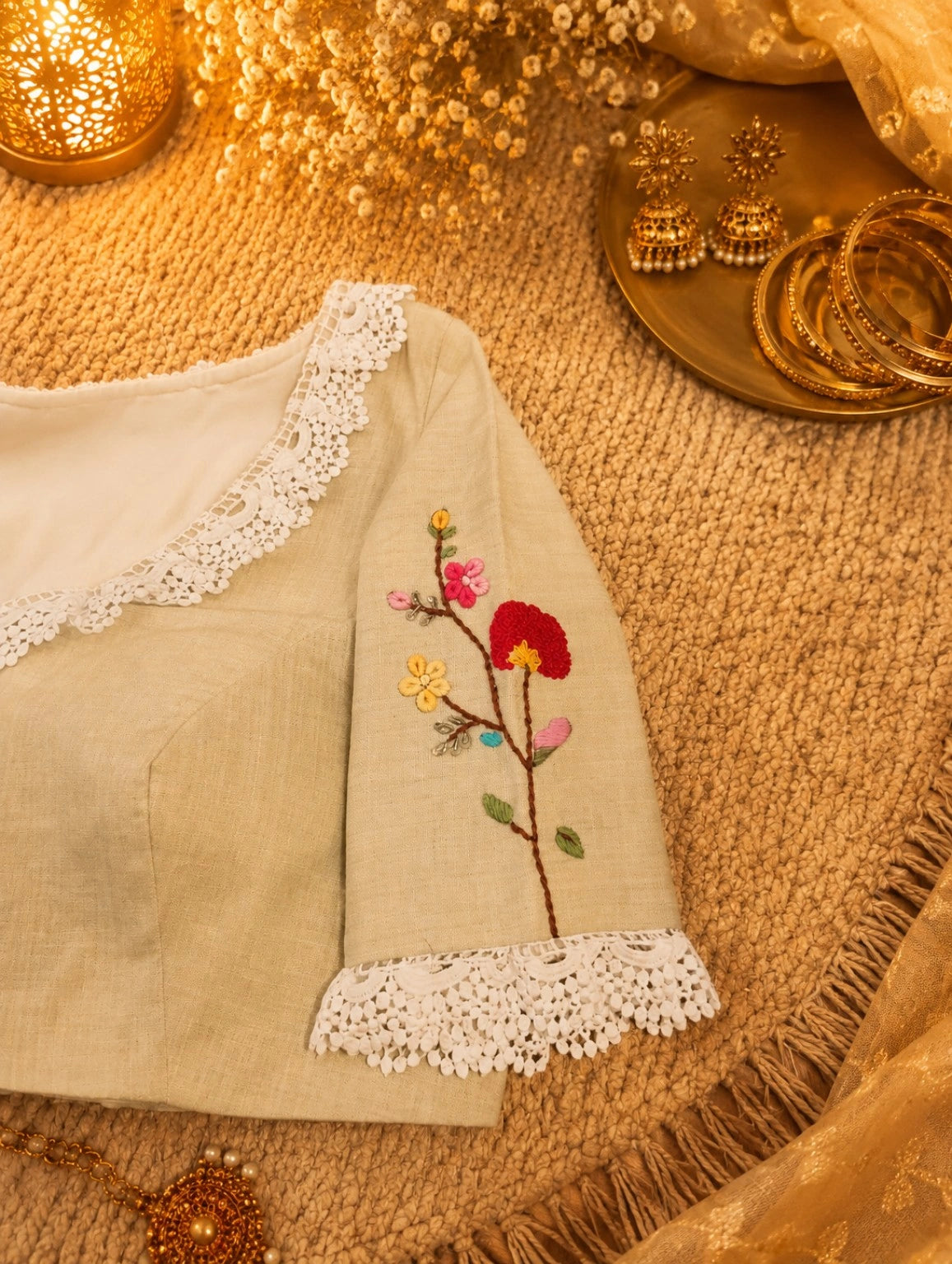 Pure Cotton Beige Floral Thread Work Blouse for Women