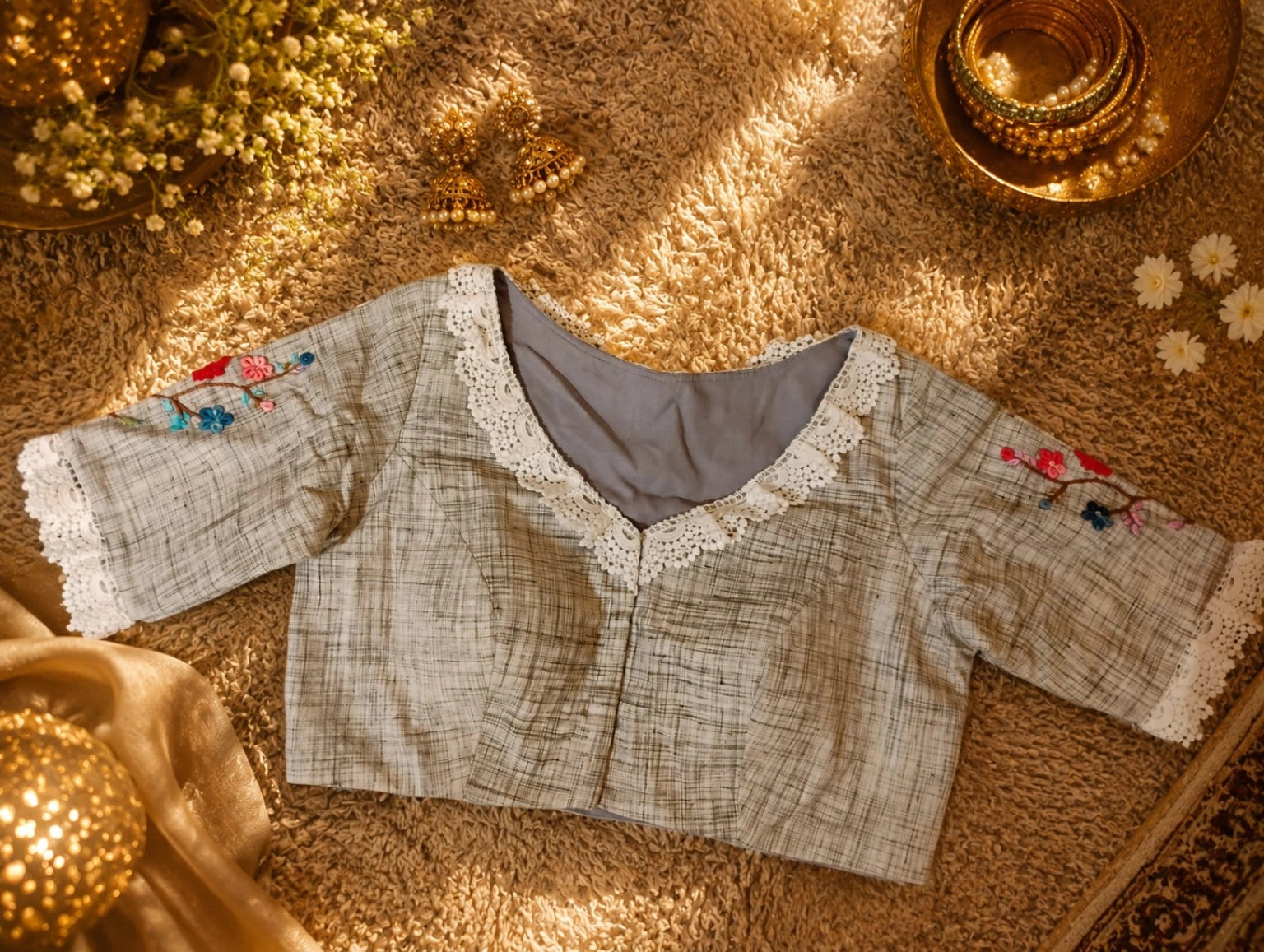 Pure Cotton Grey Thread Embroidered Floral Blouse for Women