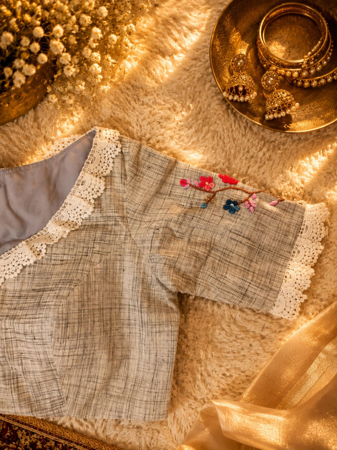 Pure Cotton Grey Thread Embroidered Floral Blouse for Women