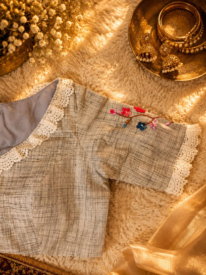 Pure Cotton Grey Thread Embroidered Floral Blouse for Women