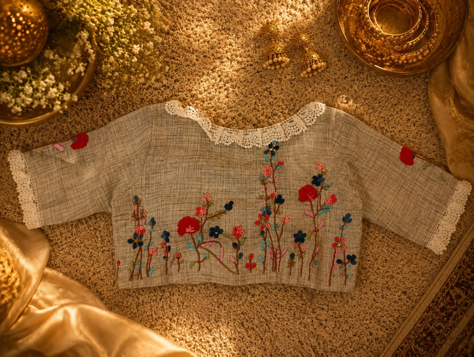 Pure Cotton Grey Thread Embroidered Floral Blouse for Women