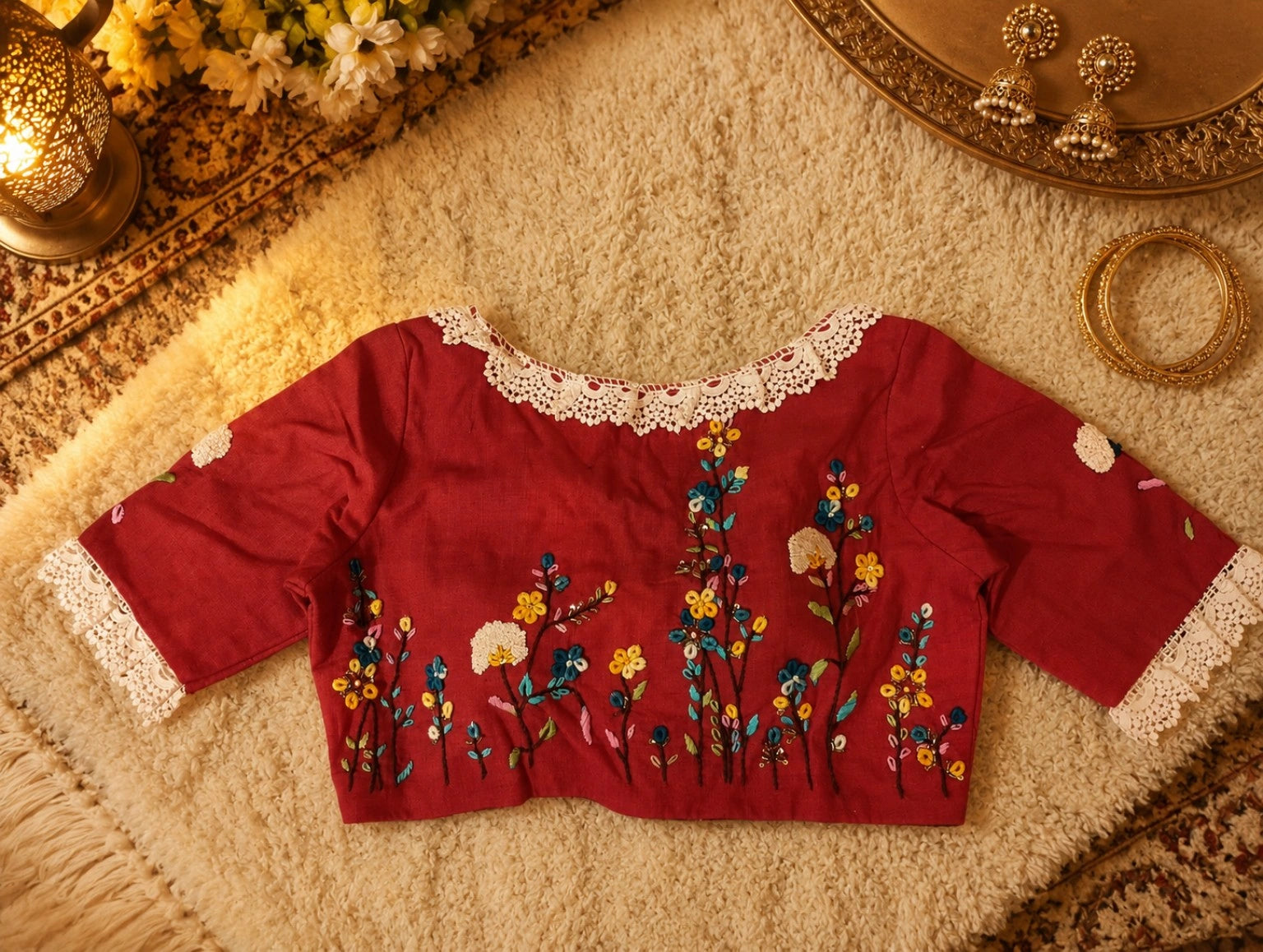 Pure Cotton Maroon Thread Work Blouse for Women
