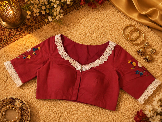 Pure Cotton Maroon Thread Work Blouse for Women