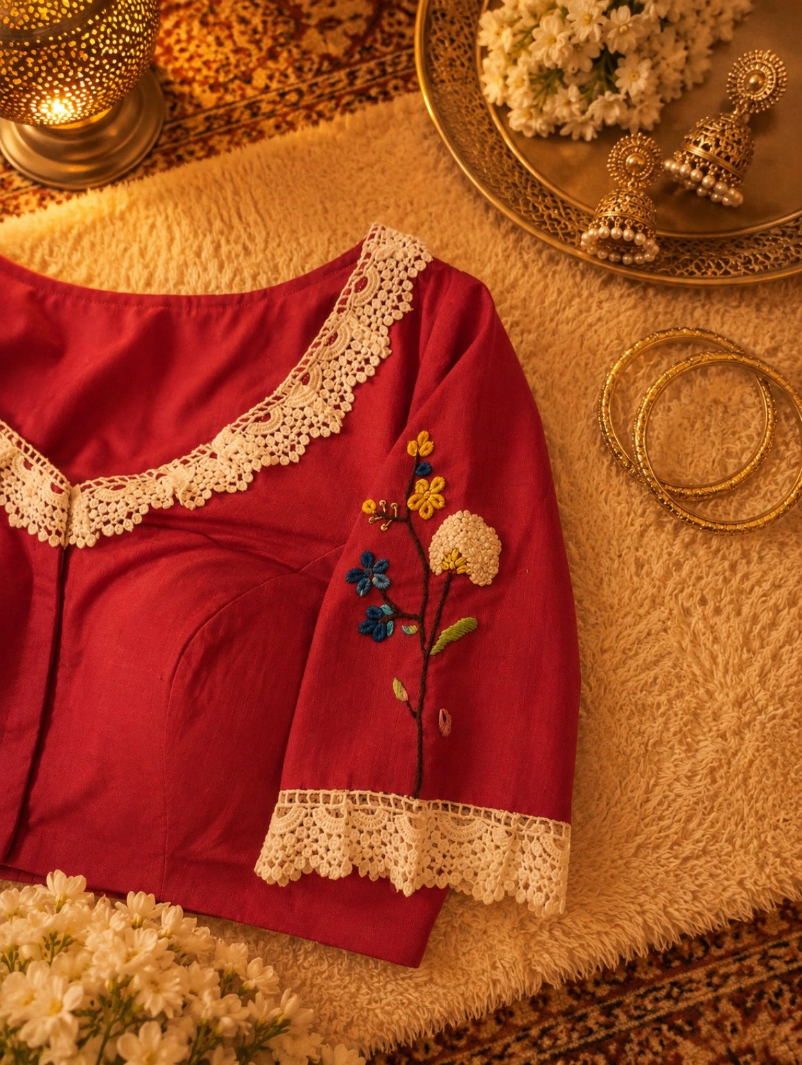 Pure Cotton Maroon Thread Work Blouse for Women
