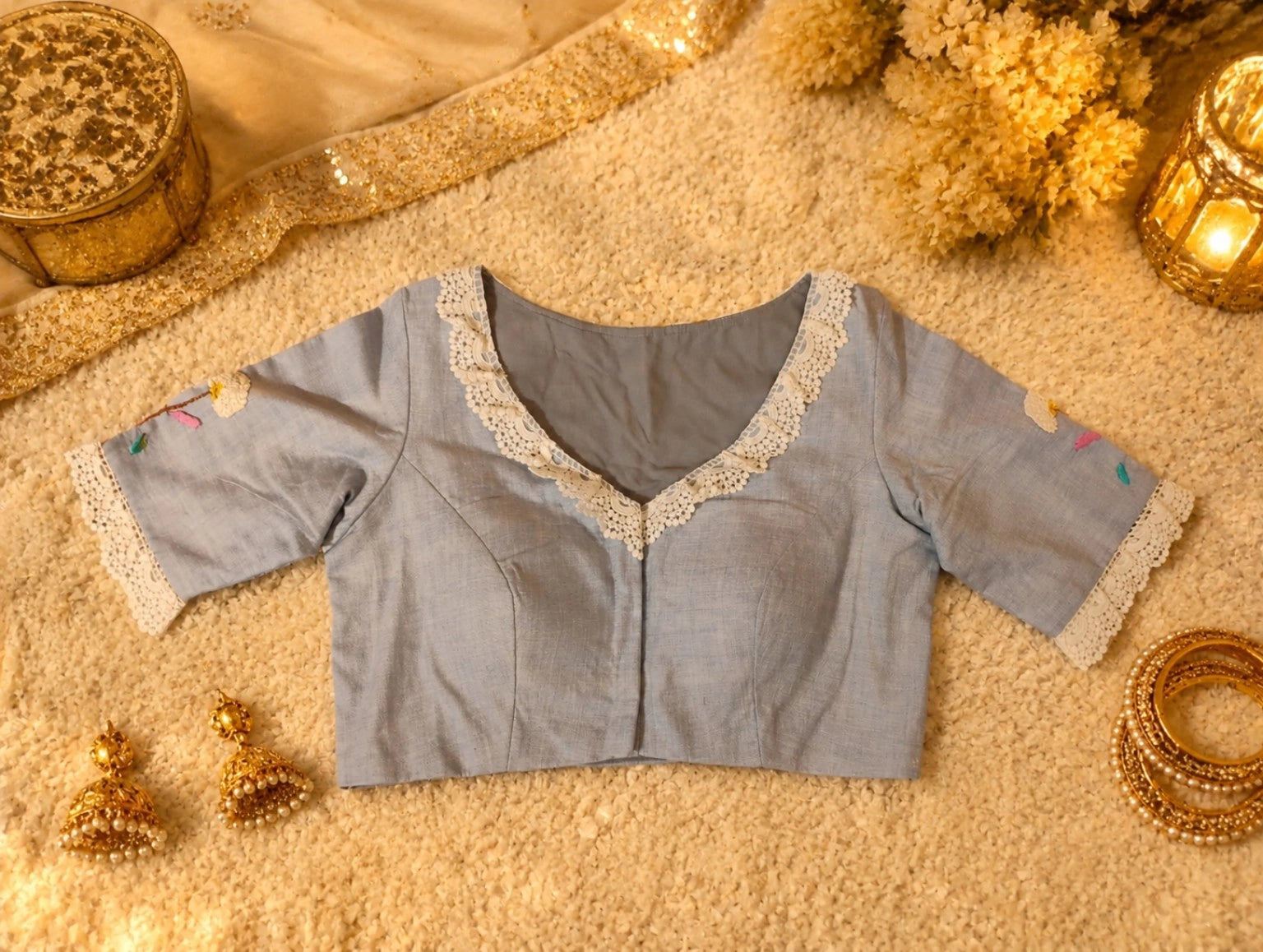 Pure Cotton Teal Floral Thread Work Blouse with Lace Round Neck
