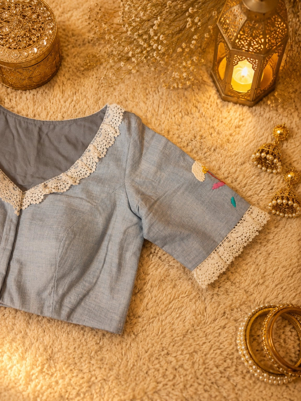 Pure Cotton Teal Floral Thread Work Blouse with Lace Round Neck