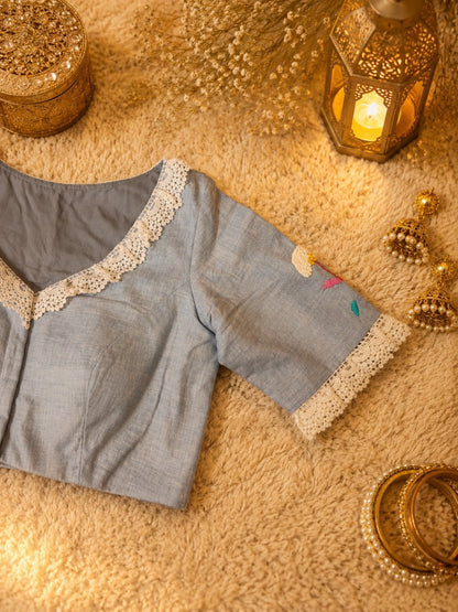 Pure Cotton Teal Floral Thread Work Blouse with Lace Round Neck