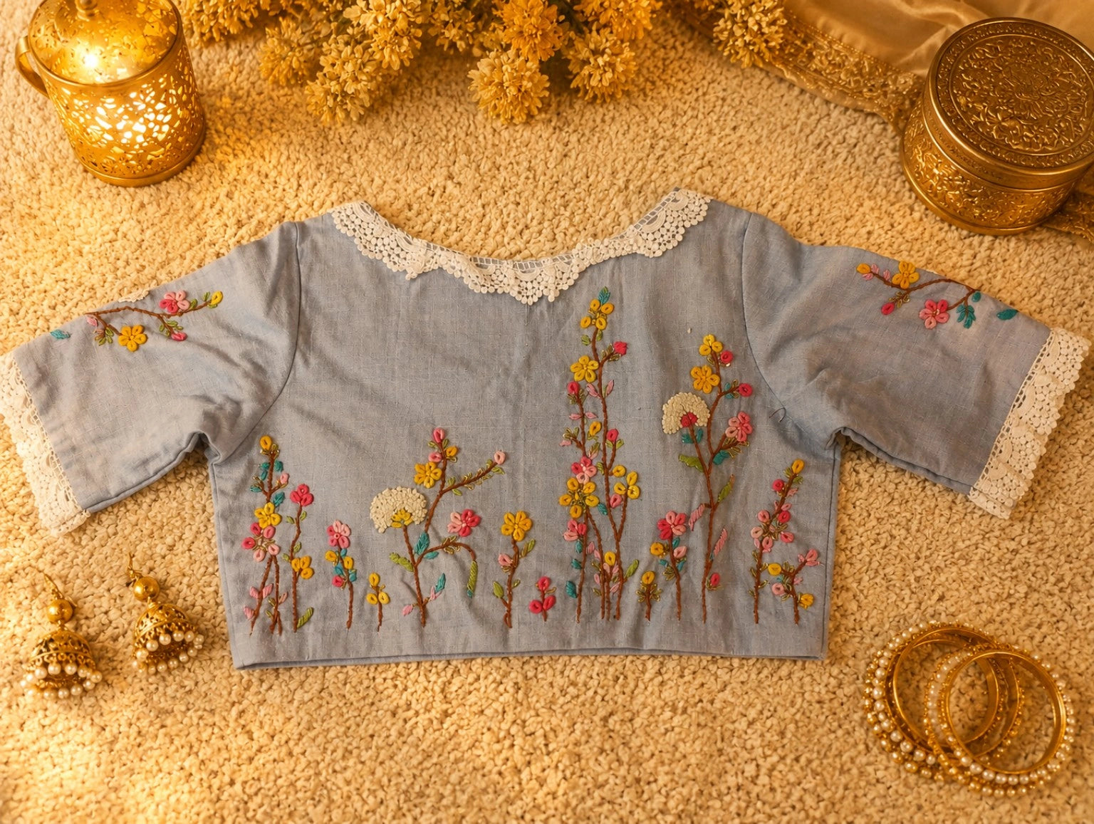 Pure Cotton Teal Floral Thread Work Blouse with Lace Round Neck