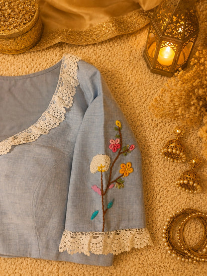 Pure Cotton Teal Floral Thread Work Blouse with Lace Round Neck