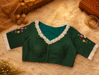 Pure Cotton Teal Floral Thread Work Blouse with Lace Round Neck