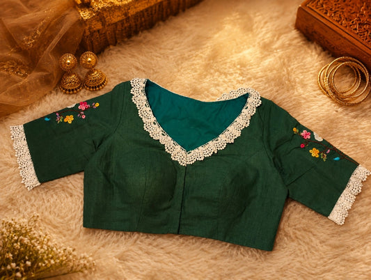Pure Cotton Teal Floral Thread Work Blouse with Lace Round Neck
