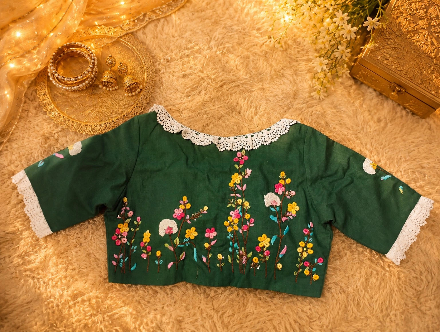 Pure Cotton Teal Floral Thread Work Blouse with Lace Round Neck