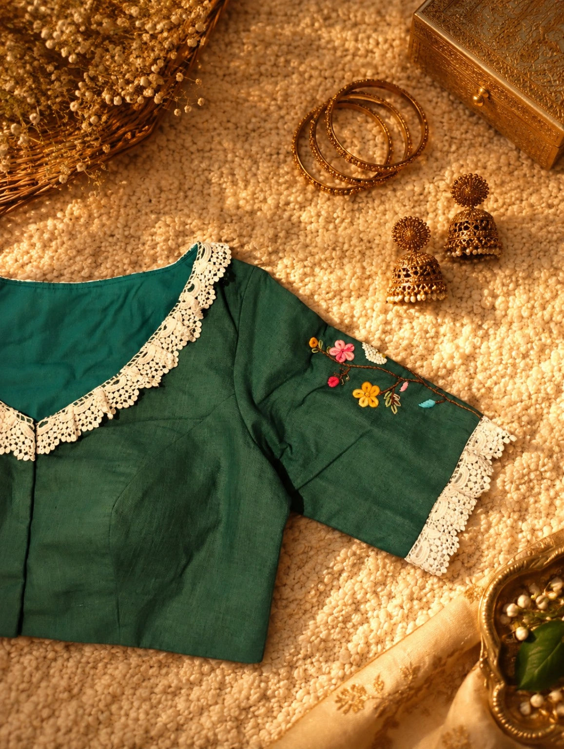 Pure Cotton Teal Floral Thread Work Blouse with Lace Round Neck