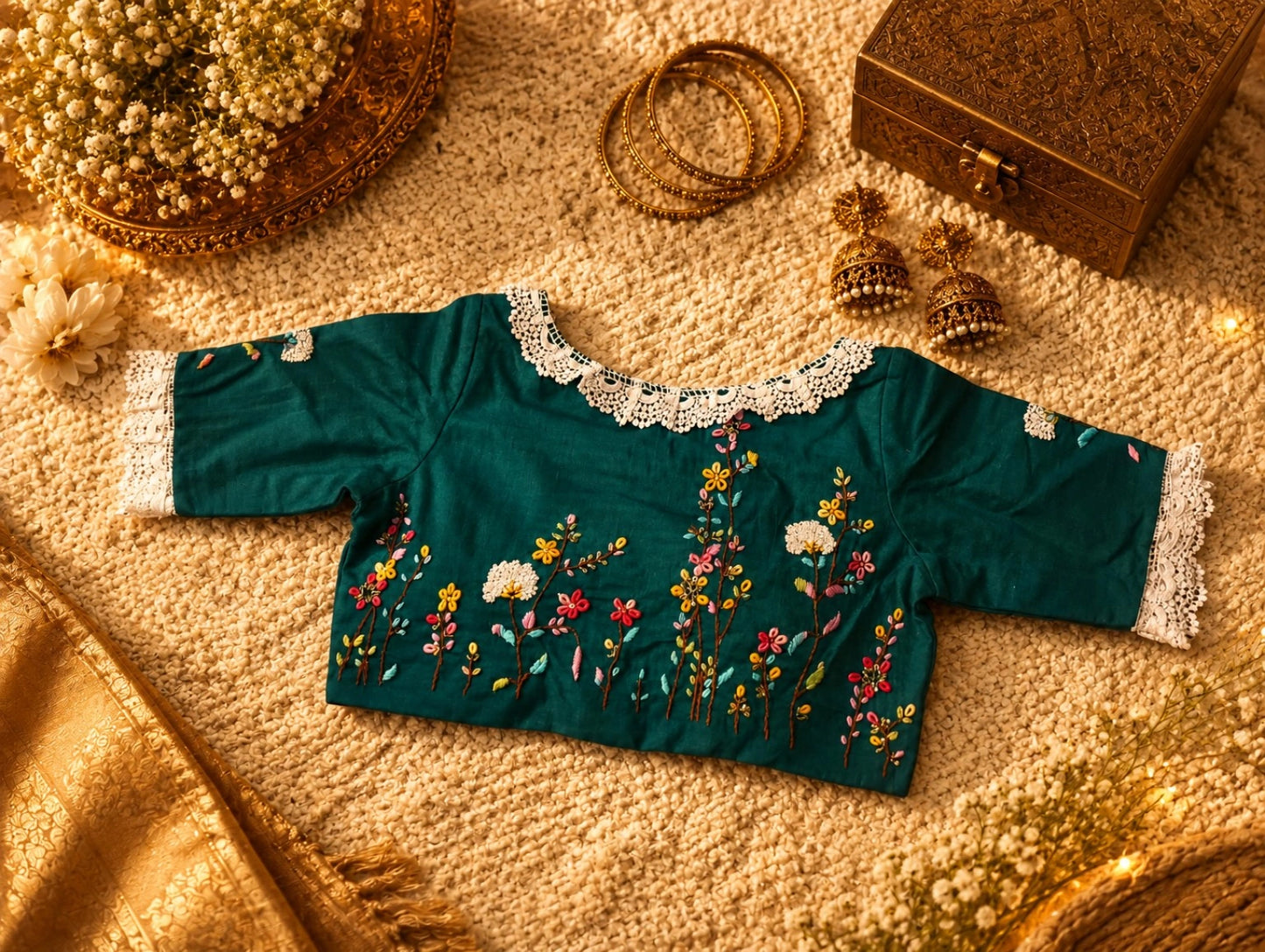Teal Pure Cotton Air Neck Thread Work Blouse with Floral Embroidery & Crochet Lace