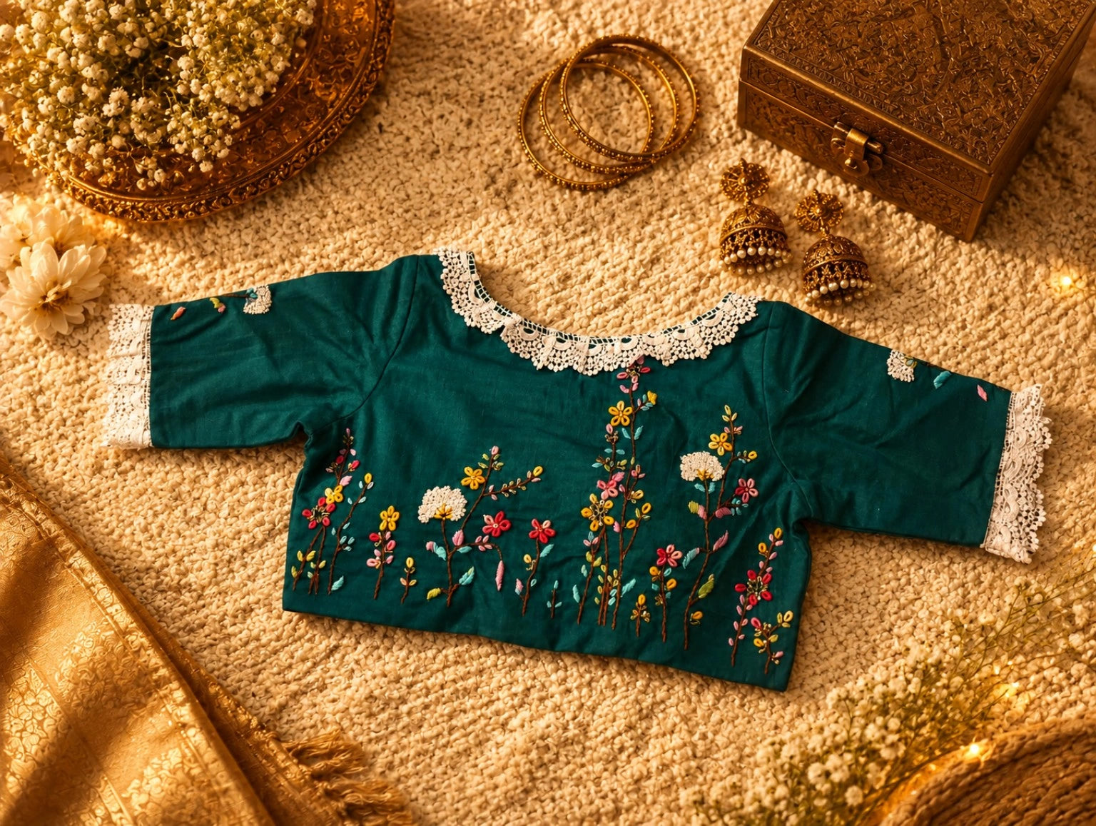 Teal Pure Cotton Air Neck Thread Work Blouse with Floral Embroidery & Crochet Lace