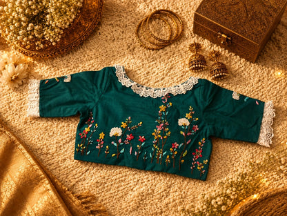 Teal Pure Cotton Air Neck Thread Work Blouse with Floral Embroidery & Crochet Lace