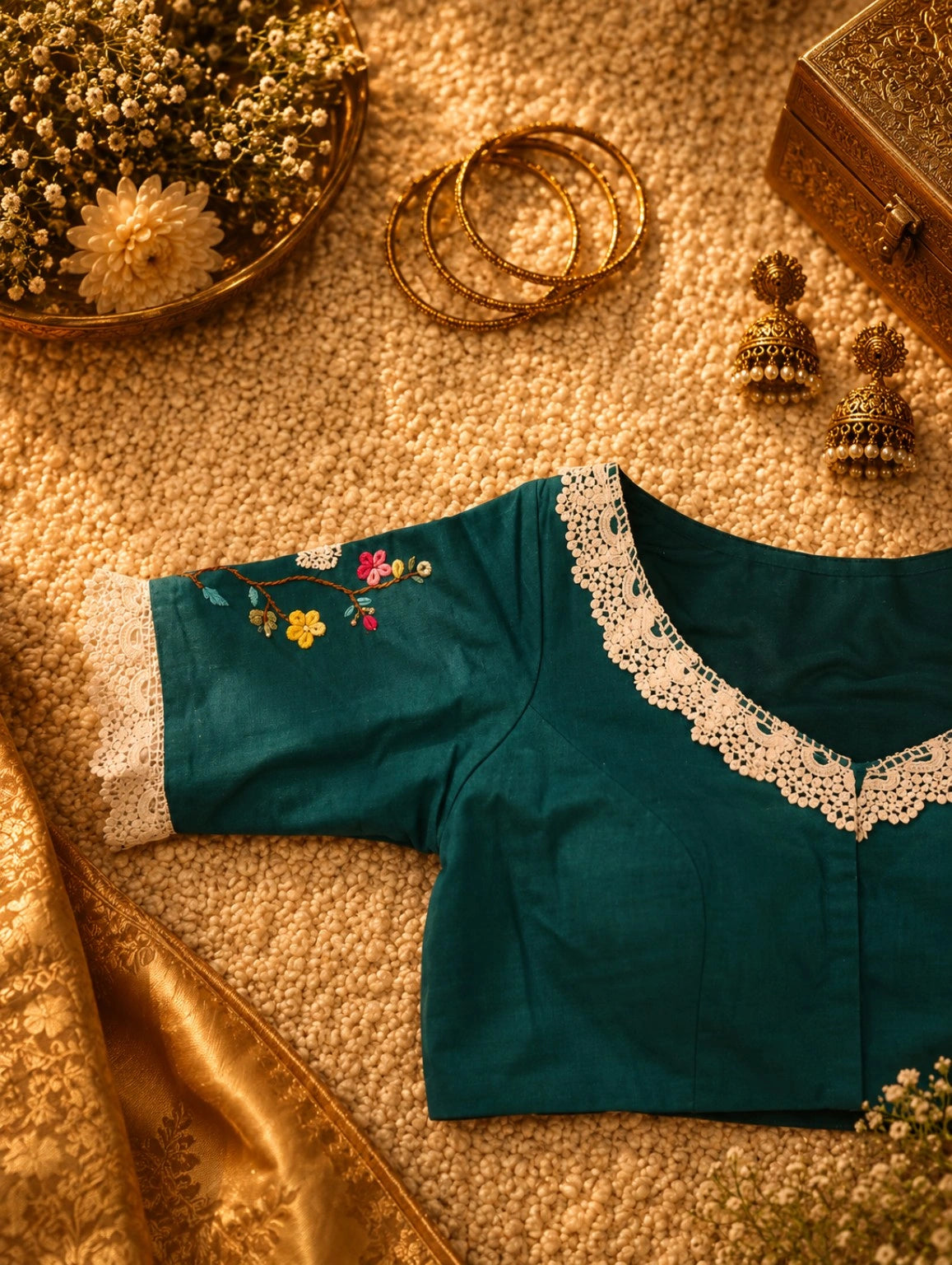 Teal Pure Cotton Air Neck Thread Work Blouse with Floral Embroidery & Crochet Lace