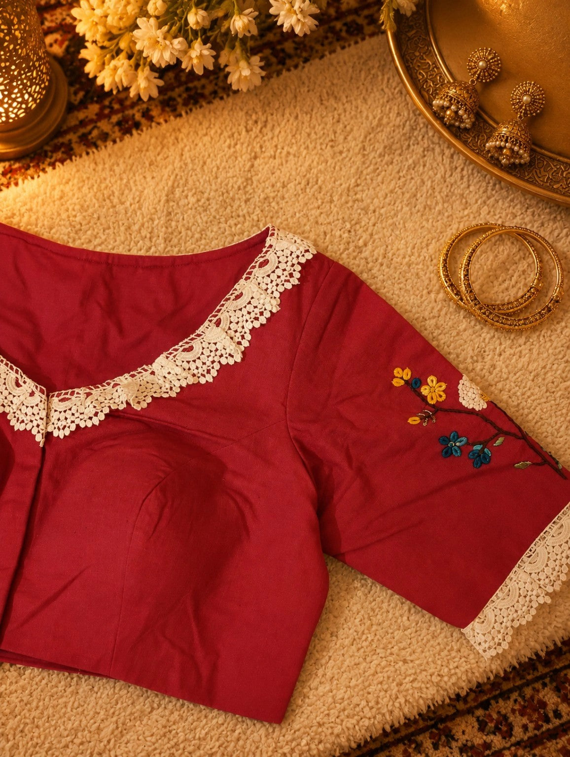 Pure Cotton Maroon Thread Work Blouse for Women