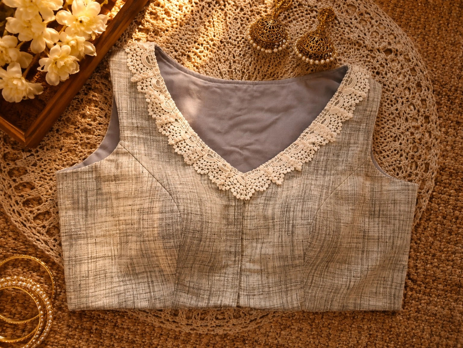 Grey Raw Silk Sweet Heart Sleeveless Floral Embroidered Blouse with Lace Neckline