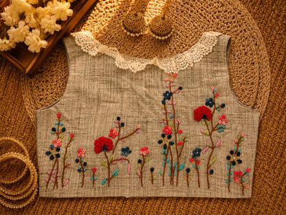 Grey Raw Silk Sweet Heart Sleeveless Floral Embroidered Blouse with Lace Neckline