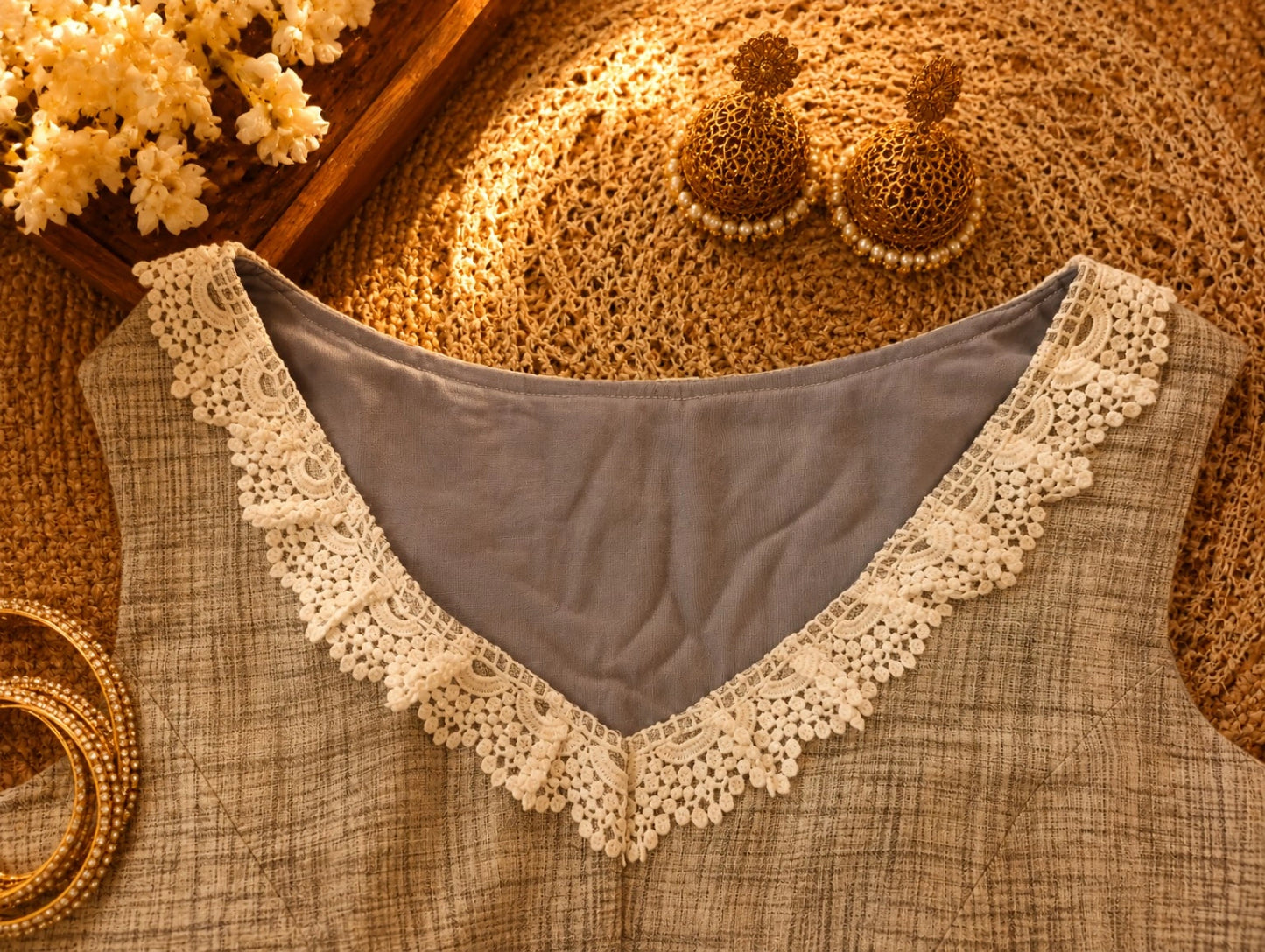 Grey Raw Silk Sweet Heart Sleeveless Floral Embroidered Blouse with Lace Neckline