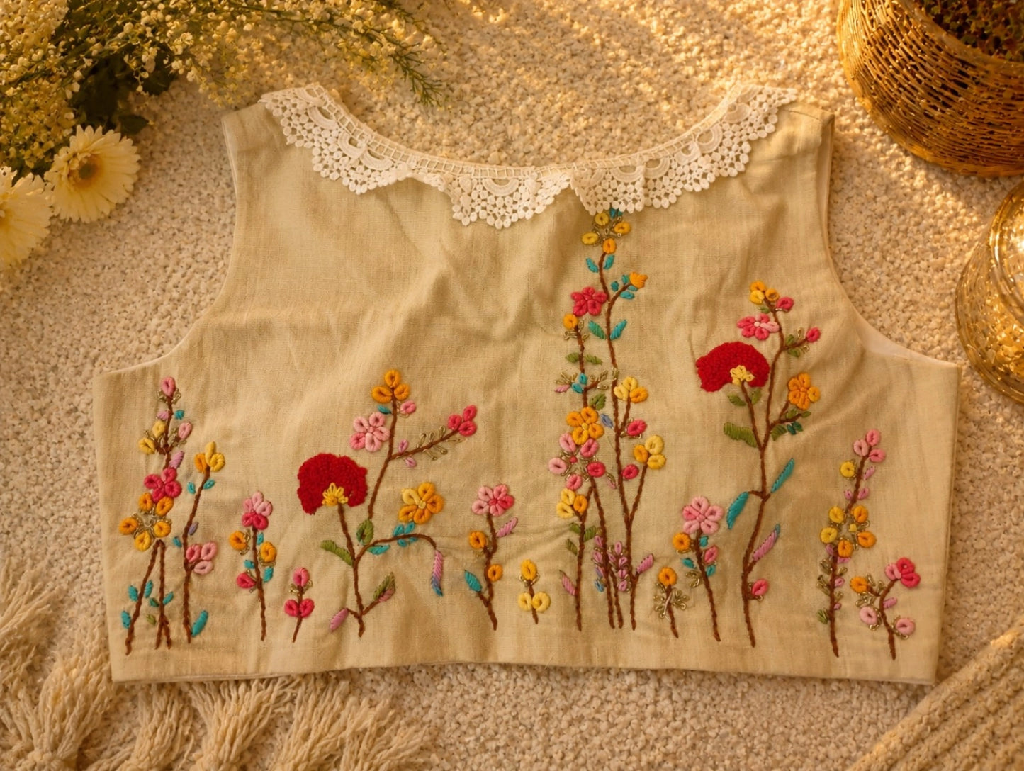 Pure Cotton Air Neck Floral Thread Embroidered Sleeveless Blouse with White Lace Neckline