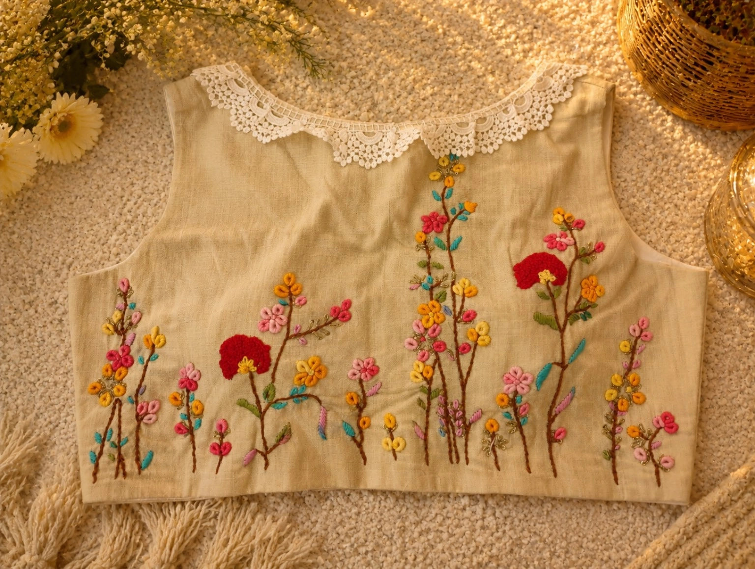 Pure Cotton Air Neck Floral Thread Embroidered Sleeveless Blouse with White Lace Neckline