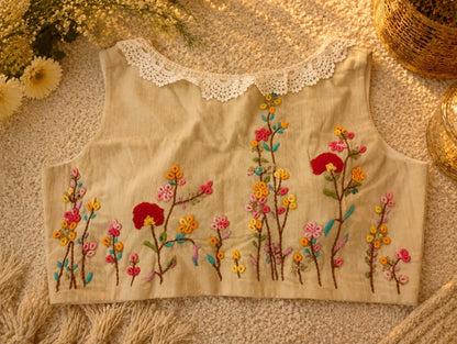 Pure Cotton Air Neck Floral Thread Embroidered Sleeveless Blouse with White Lace Neckline