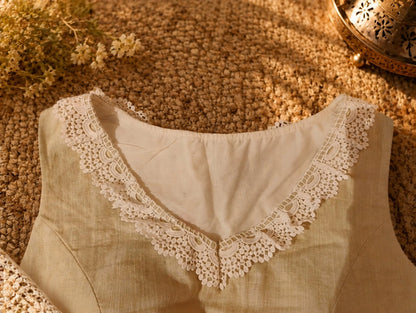 Pure Cotton Air Neck Floral Thread Embroidered Sleeveless Blouse with White Lace Neckline