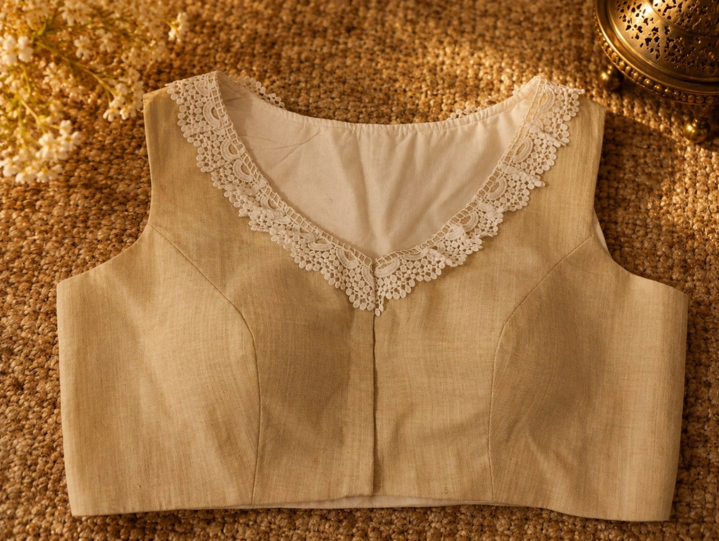 Pure Cotton Air Neck Floral Thread Embroidered Sleeveless Blouse with White Lace Neckline