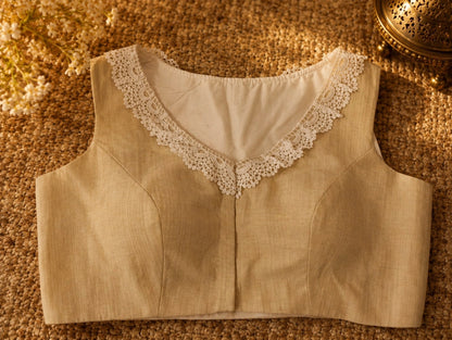Pure Cotton Air Neck Floral Thread Embroidered Sleeveless Blouse with White Lace Neckline