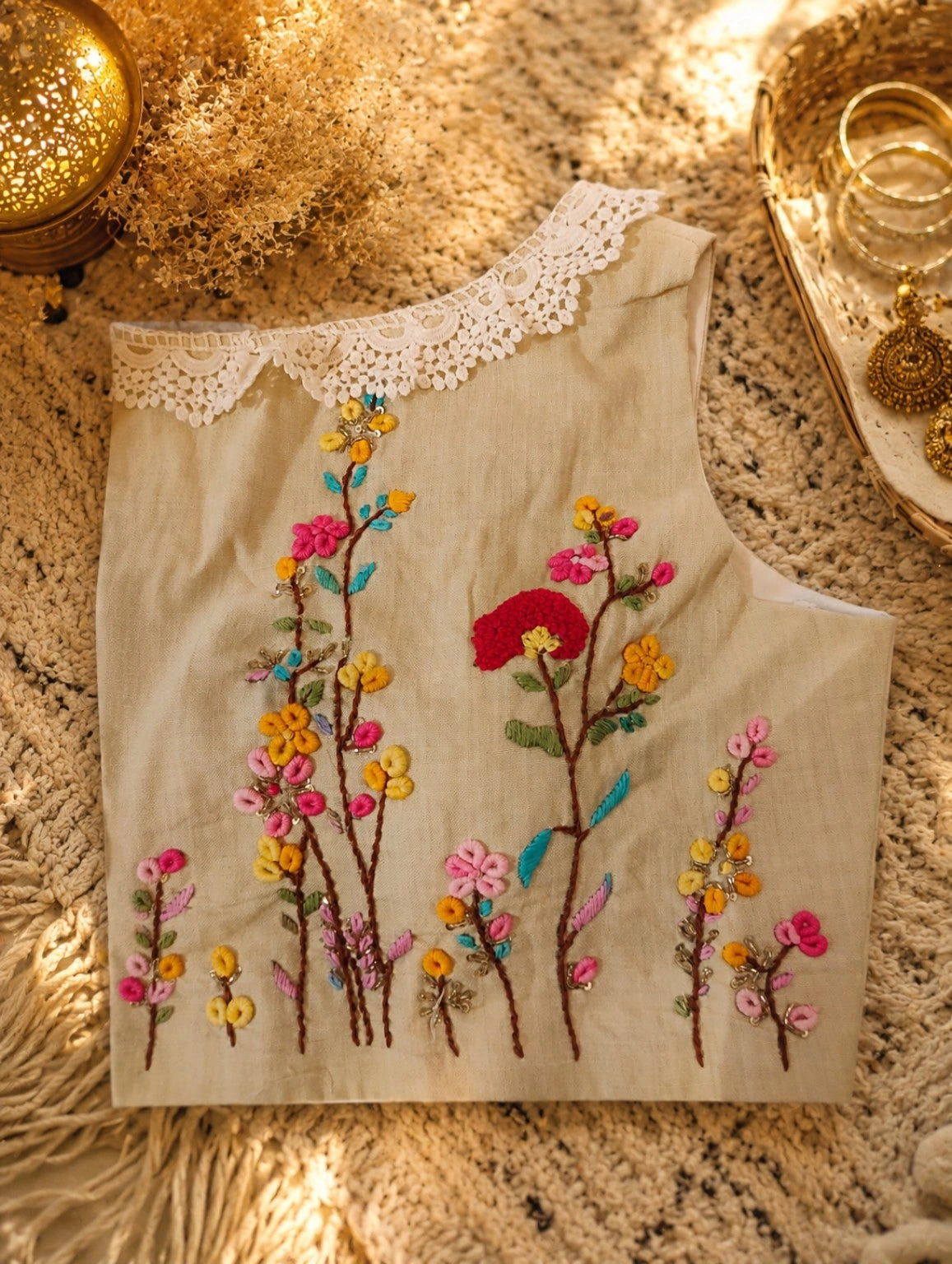 Pure Cotton Air Neck Floral Thread Embroidered Sleeveless Blouse with White Lace Neckline