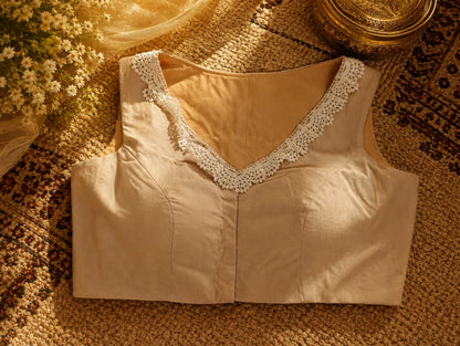 Pure Cotton Beige Air-Neck Floral Thread Embroidered Sleeveless Blouse with Lace Neckline