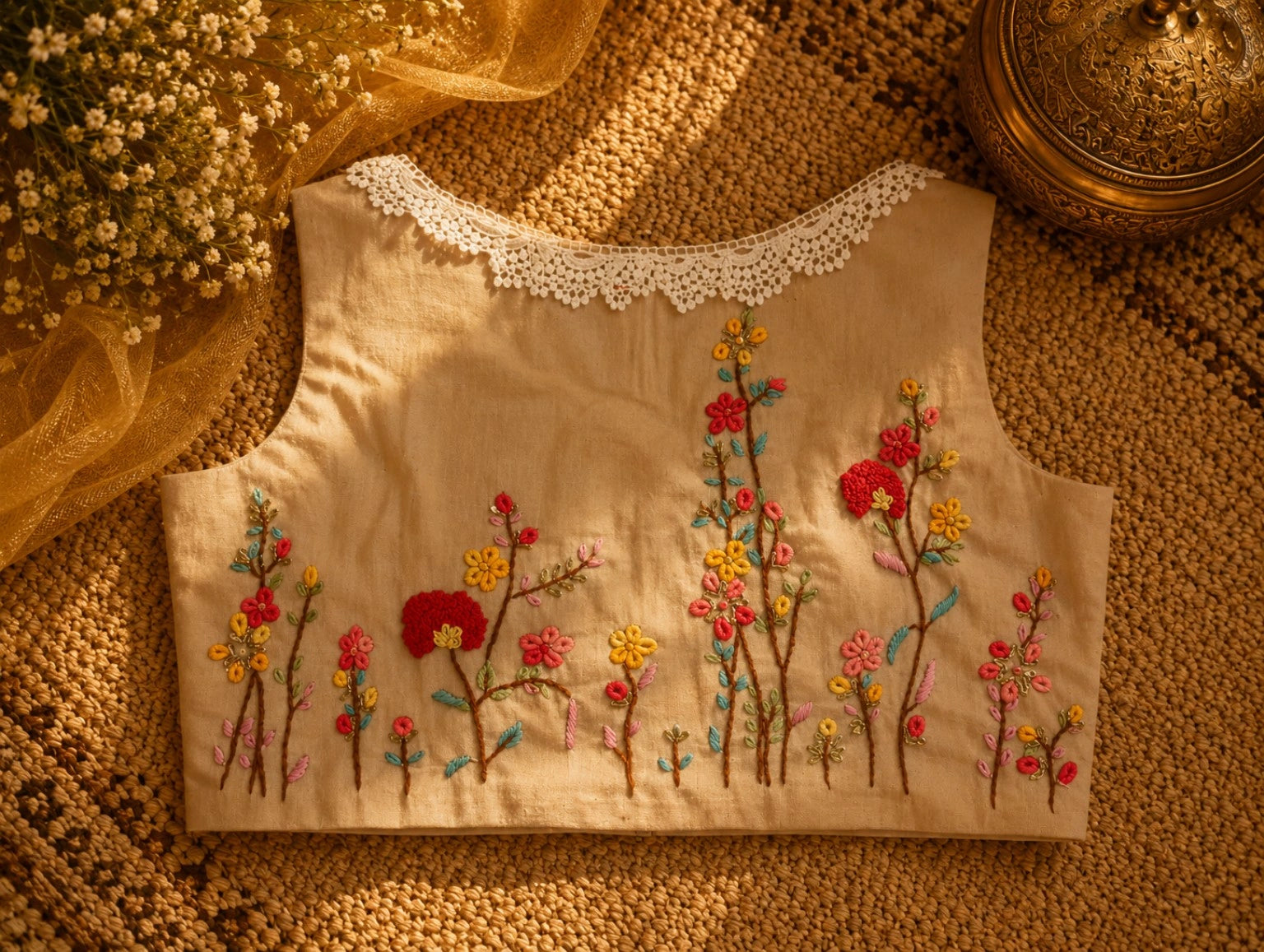 Pure Cotton Beige Air-Neck Floral Thread Embroidered Sleeveless Blouse with Lace Neckline