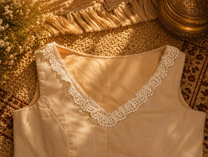 Pure Cotton Beige Air-Neck Floral Thread Embroidered Sleeveless Blouse with Lace Neckline