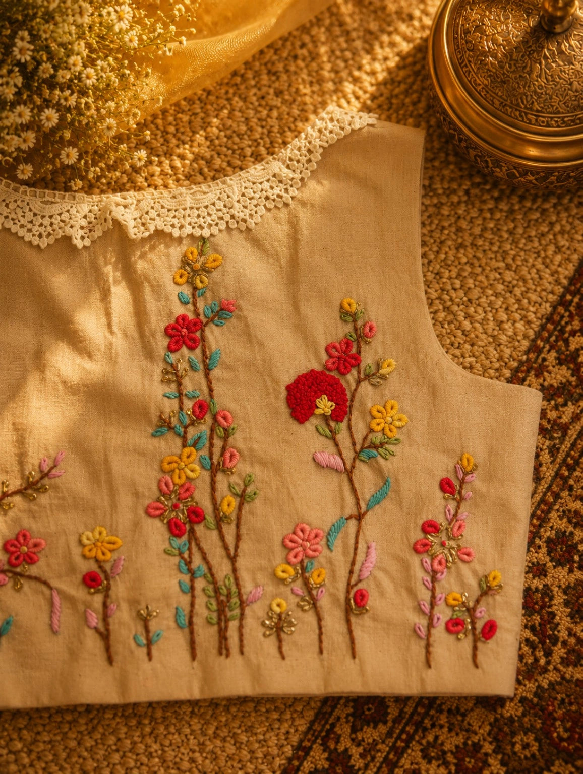 Pure Cotton Beige Air-Neck Floral Thread Embroidered Sleeveless Blouse with Lace Neckline