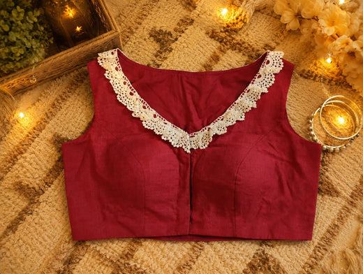 Pure Cotton Air-Neck Thread Embroidered Maroon Blouse for Women