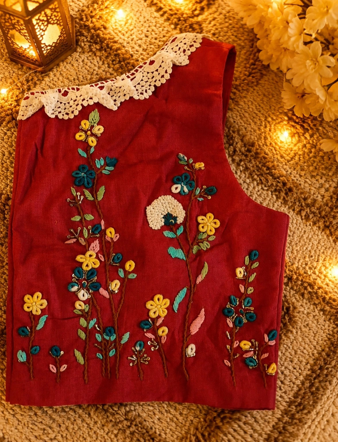 Pure Cotton Air-Neck Thread Embroidered Maroon Blouse for Women