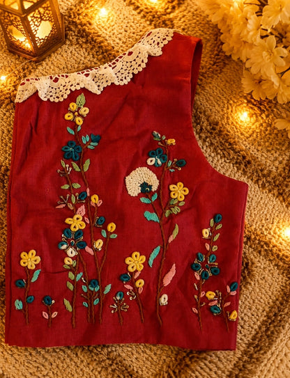 Pure Cotton Air-Neck Thread Embroidered Maroon Blouse for Women
