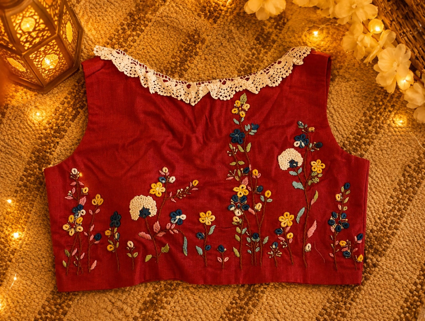 Pure Cotton Air-Neck Thread Embroidered Maroon Blouse for Women