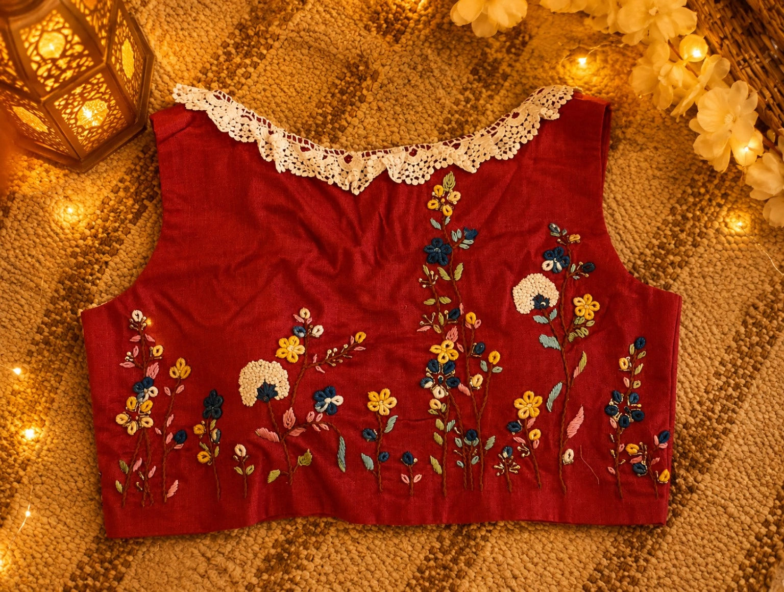 Pure Cotton Air-Neck Thread Embroidered Maroon Blouse for Women